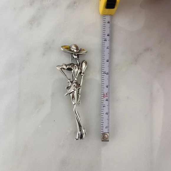 Sterling Silver 80s Diva Woman Big Hat Puff Sleeves Skirt Suit Heels Brooch Pin - Picture 4 of 6